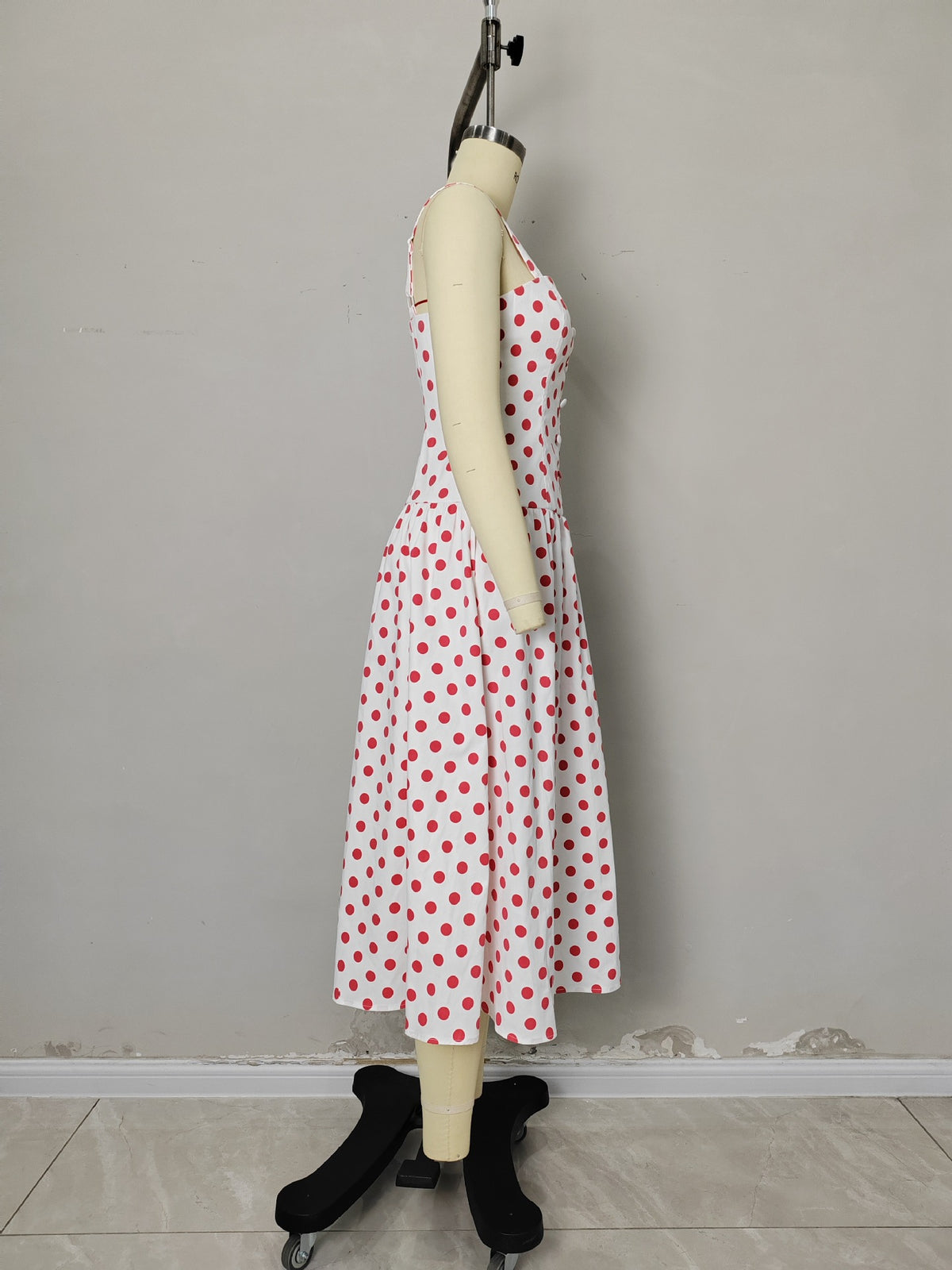 Cream Red Polka Dot Square Strap Button Front Flared Midi Dress