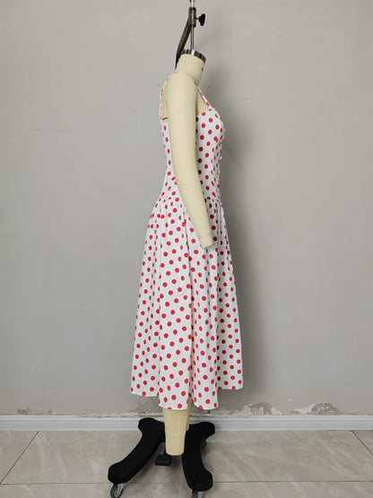 Cream Red Polka Dot Square Strap Button Front Flared Midi Dress