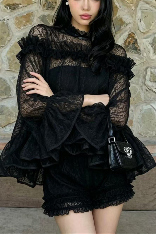 vanessa black Floral Lace Ruffled Top & Shorts Set