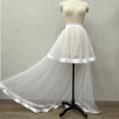 White Satin Trim Two-Layer High Low Tulle Overlay Skirt