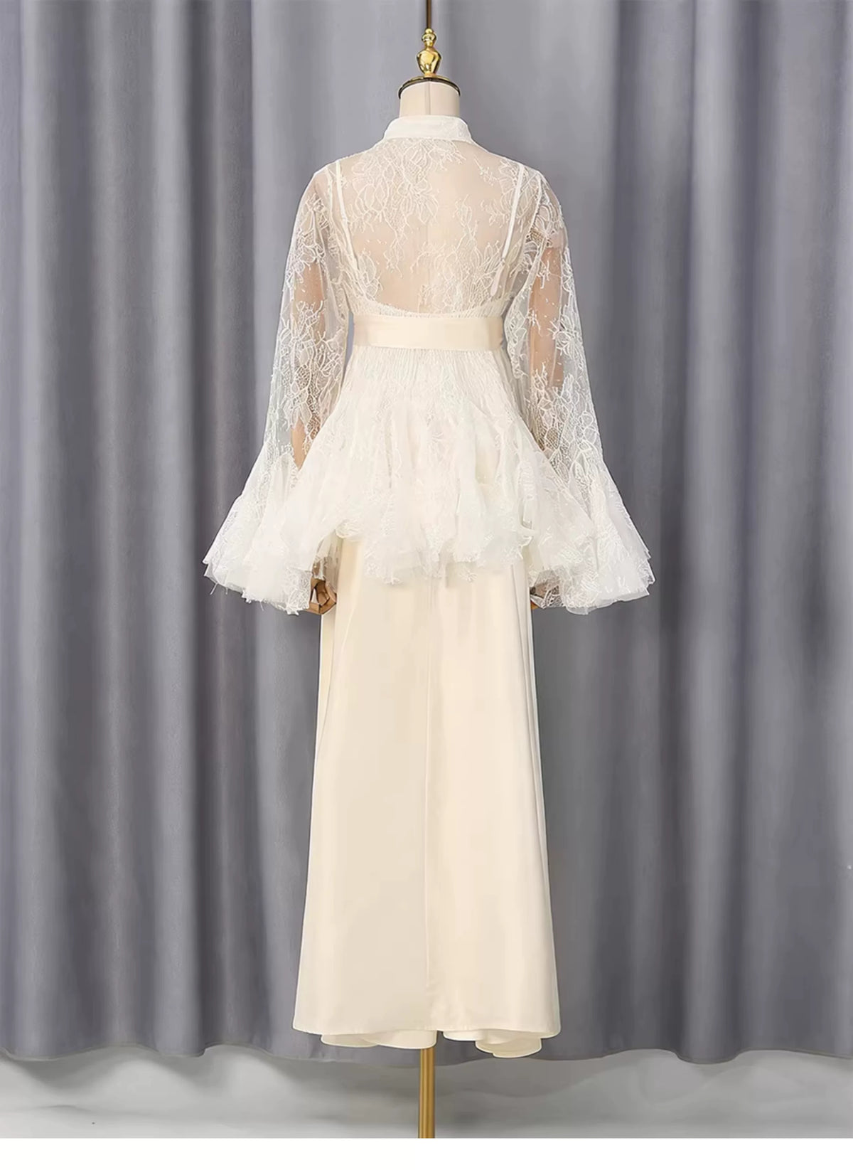 Cream Lace Flare Sleeve Shirt Top Satin Cami Sash Belt Wide Leg Maxi Pants Three-Piece Set