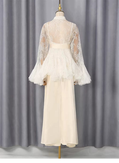 Cream Lace Flare Sleeve Shirt Top Satin Cami Sash Belt Wide Leg Maxi Pants Three-Piece Set