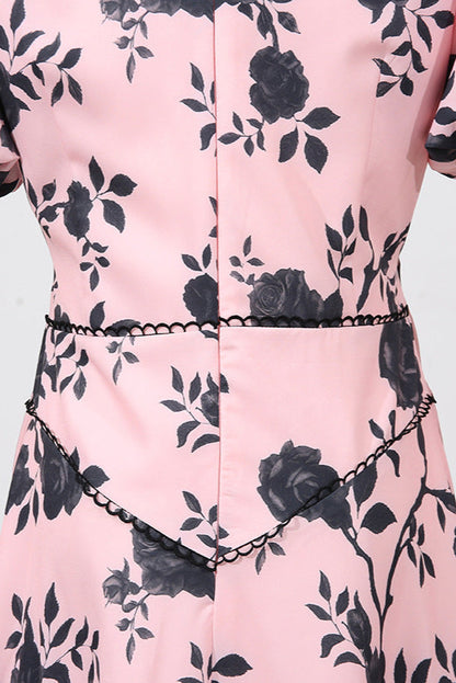 v-neck Satin Floral Midi Dress in pink