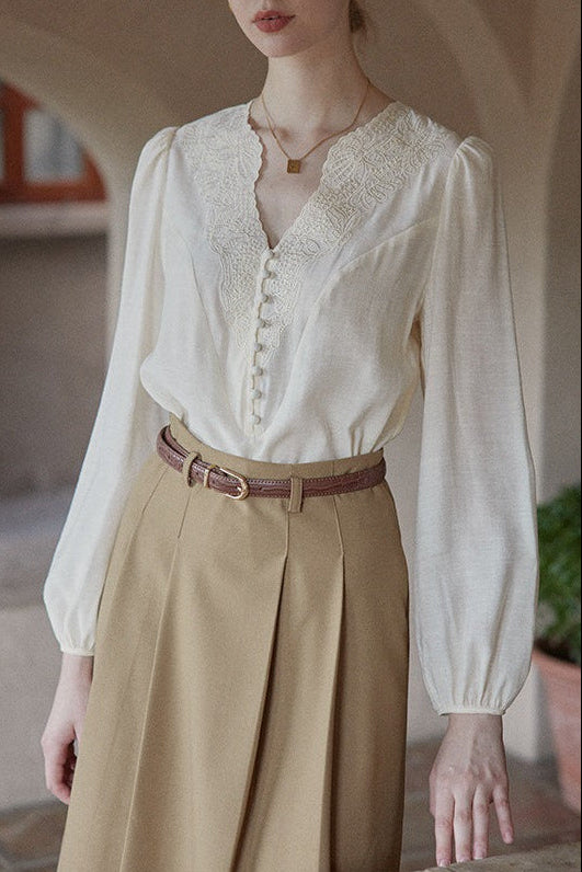 cream apricot V-neck top