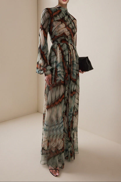 Abstract Butterfly Print Chiffon Maxi Dress