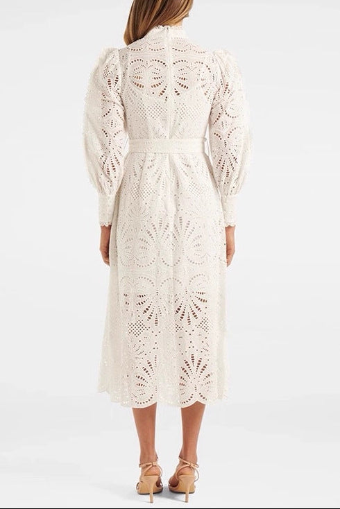 white embroidery lace collar waist lace dress