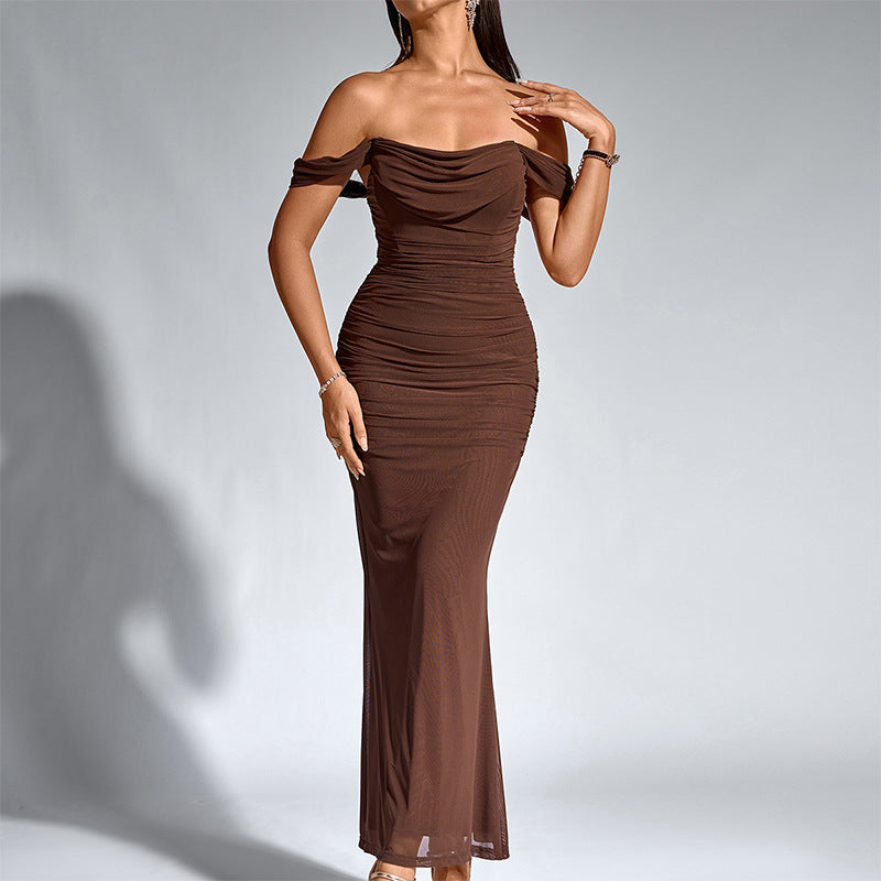 Off Shoulder Draped Cowl Ruched Mesh Mermaid Maxi Dress