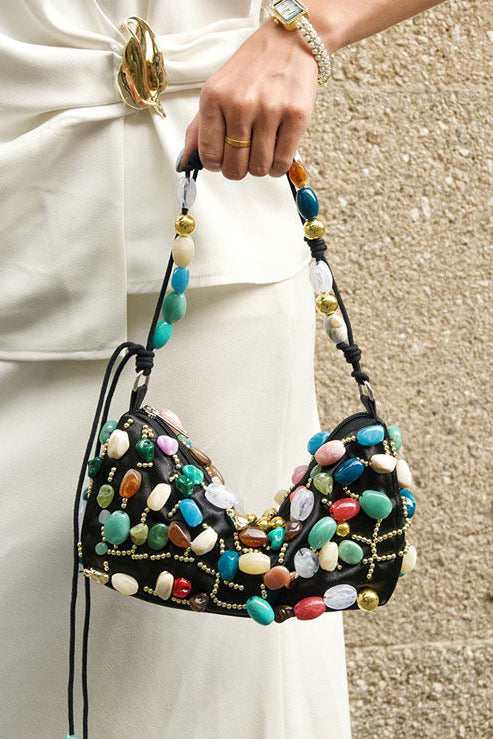 Beaded Crescent Shoulder Bag with Colorful Stone Embellishments