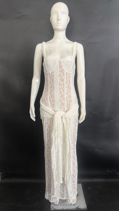 Corset Lace Maxi Dress with Draped Sash