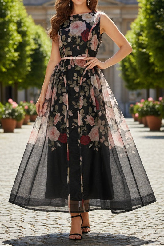 Sleeveless Rose Print Mesh Maxi Dress