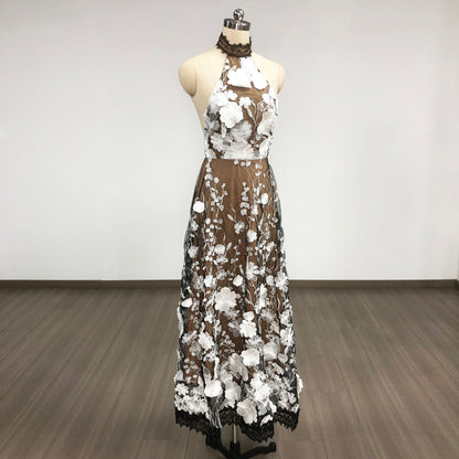 alyssa black Halter Floral Embroidered Midi Dress