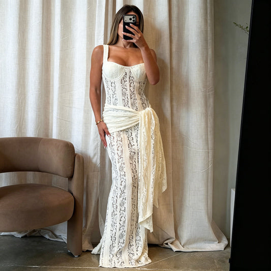 Corset Lace Maxi Dress with Draped Sash