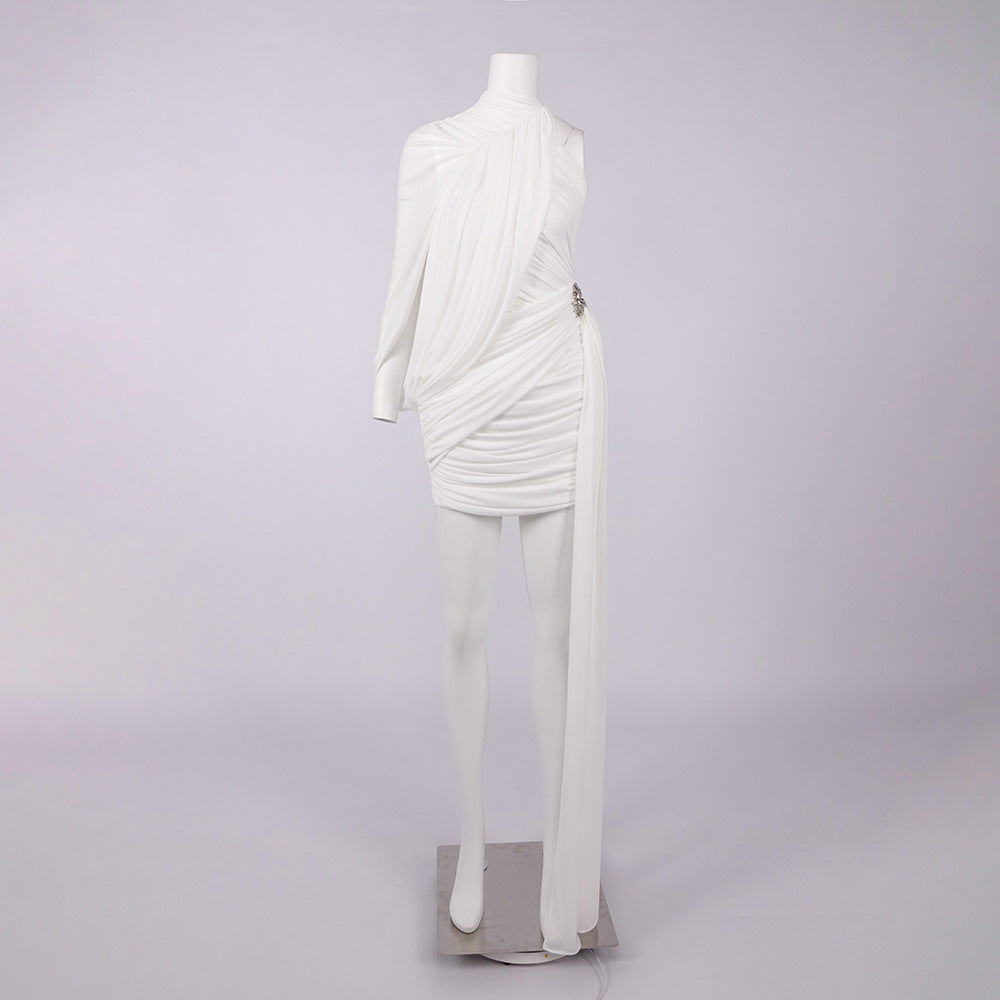 off-shoulder single-sleeve pleated bodycon Ribbon mini dress - white