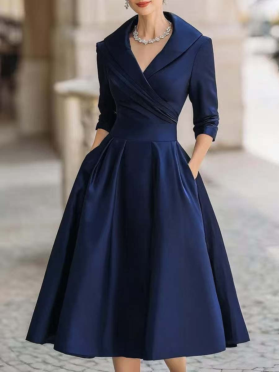 Lapel Collar Wrap V Neck Satin Midi Swing Dress
