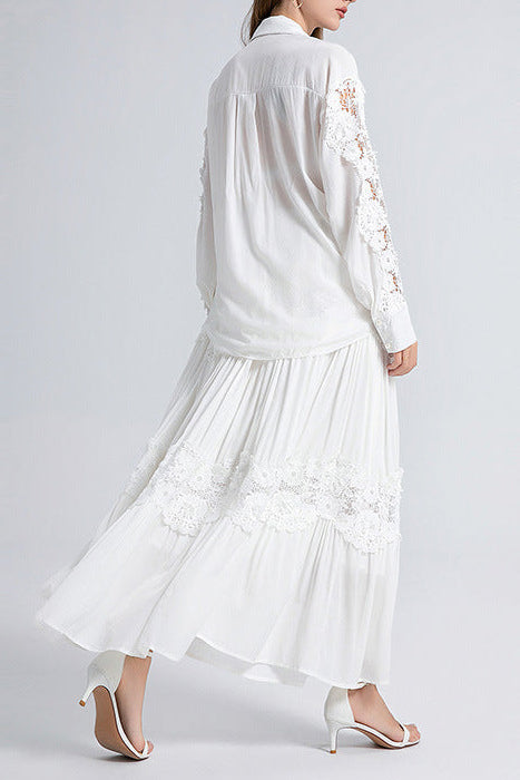 alexandra Splicing Flapped Lace hollow Midi Dress in white