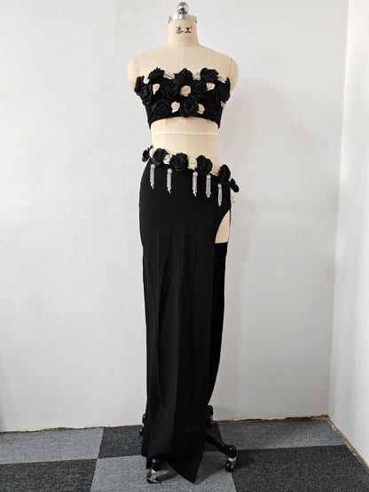 black High Slit Tassels 3d Flowers Strapless Maxi Set