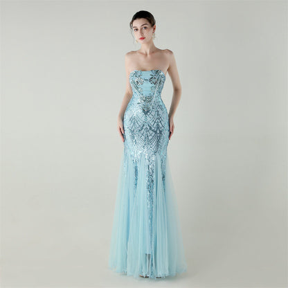 sequin strapless tulle maxi dress