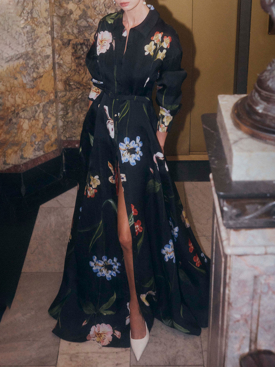 Black Floral Print Belted Shirt Maxi Dress with Slit