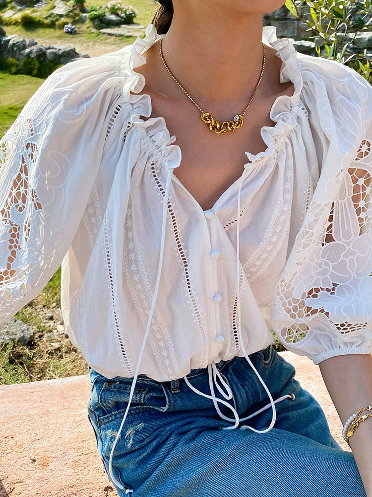 White Eyelet Lace Tiered Maxi Dress with Puff Sleeves