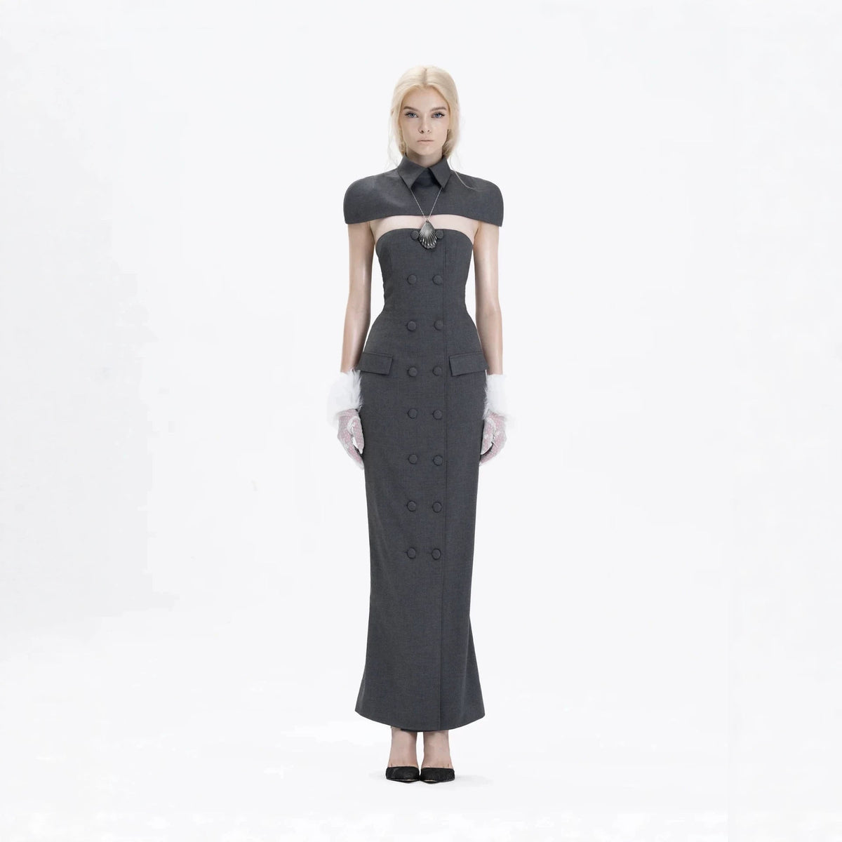 Double-breasted strapless sleeveless suit with lapel - grey