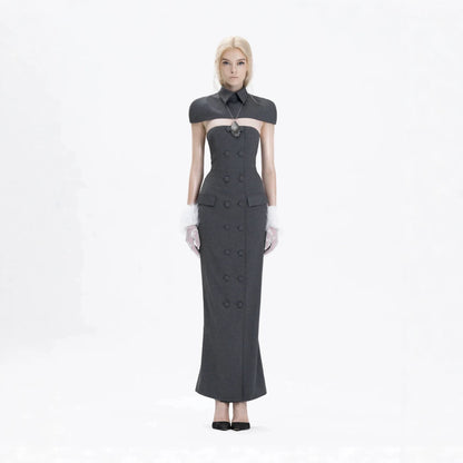 Double-breasted strapless sleeveless suit with lapel - grey