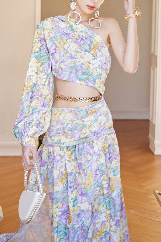 dolores French-style printed off-shoulder single-sleeve slit mini dress