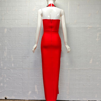red heavy stretch crepe column dress