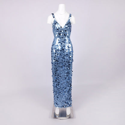 roberta Deep V-Neck Sequin Column Gown in blue