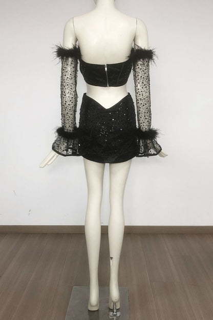 black Off-shoulder top Short mesh skirt Set