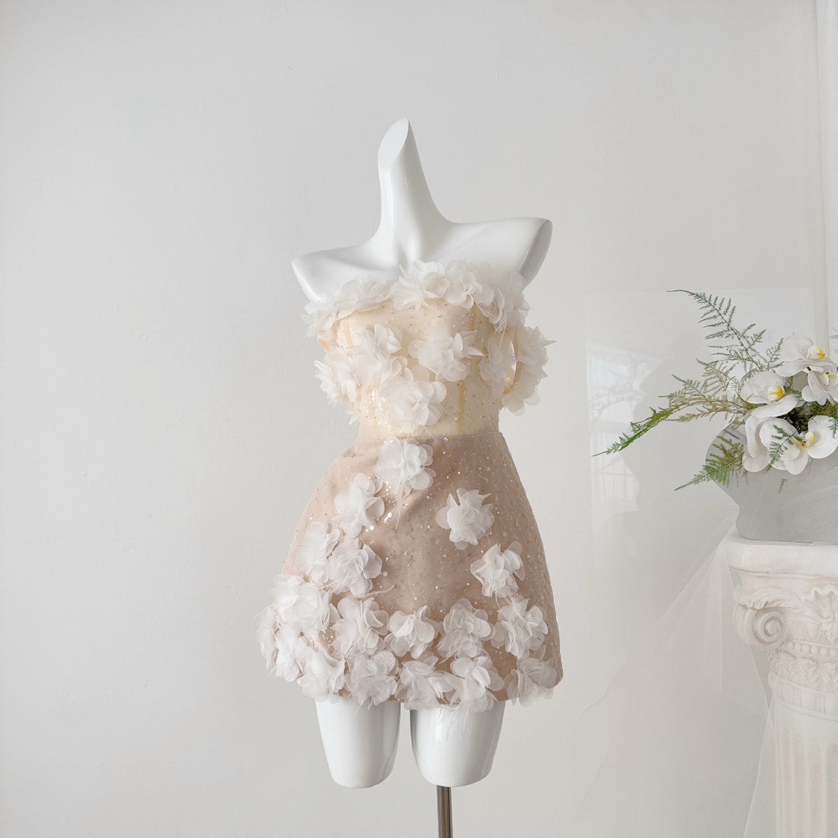 Nude Mesh Overlay Fitted Sheath Mini Dress with 3D Floral Appliqué