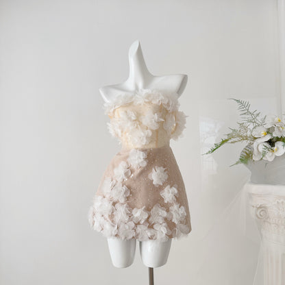 Nude Mesh Overlay Fitted Sheath Mini Dress with 3D Floral Appliqué