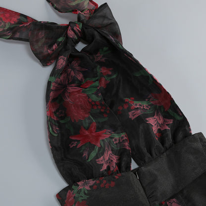georgia floral print halter ruffle Maxi Dress in black