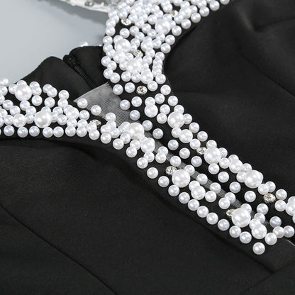 Halter Pearl Crystal-Trim Gown in black