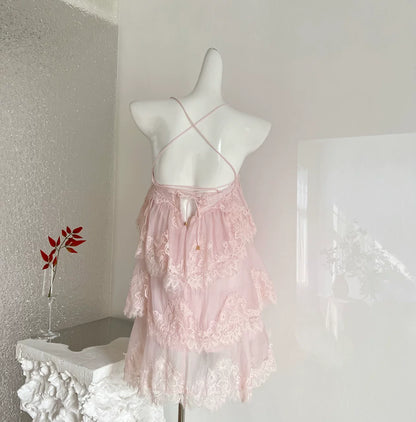Blush Pink Spaghetti Strap Multi-Tier Eyelash Lace Tulle Babydoll Mini Dress