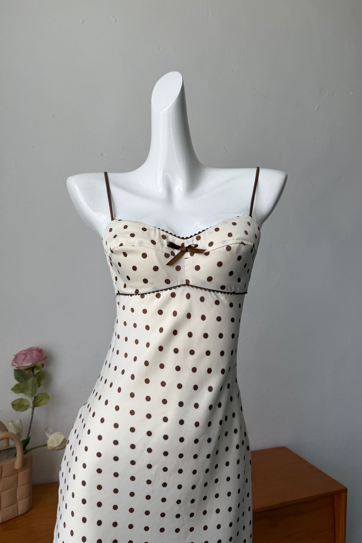 Satin Polka Dot Mini Dress in beige