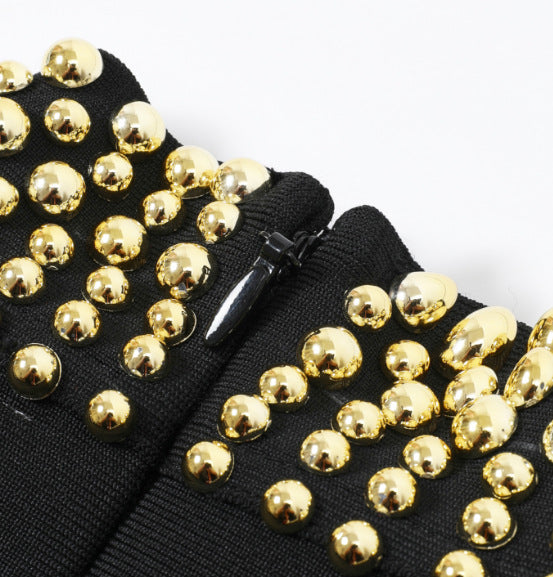 Black Heavyweight Stretch Knit Bodycon Dress with Gold Beaded Details