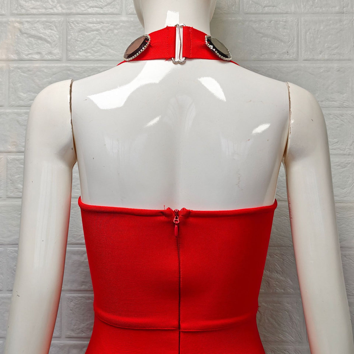 red heavy stretch crepe column dress