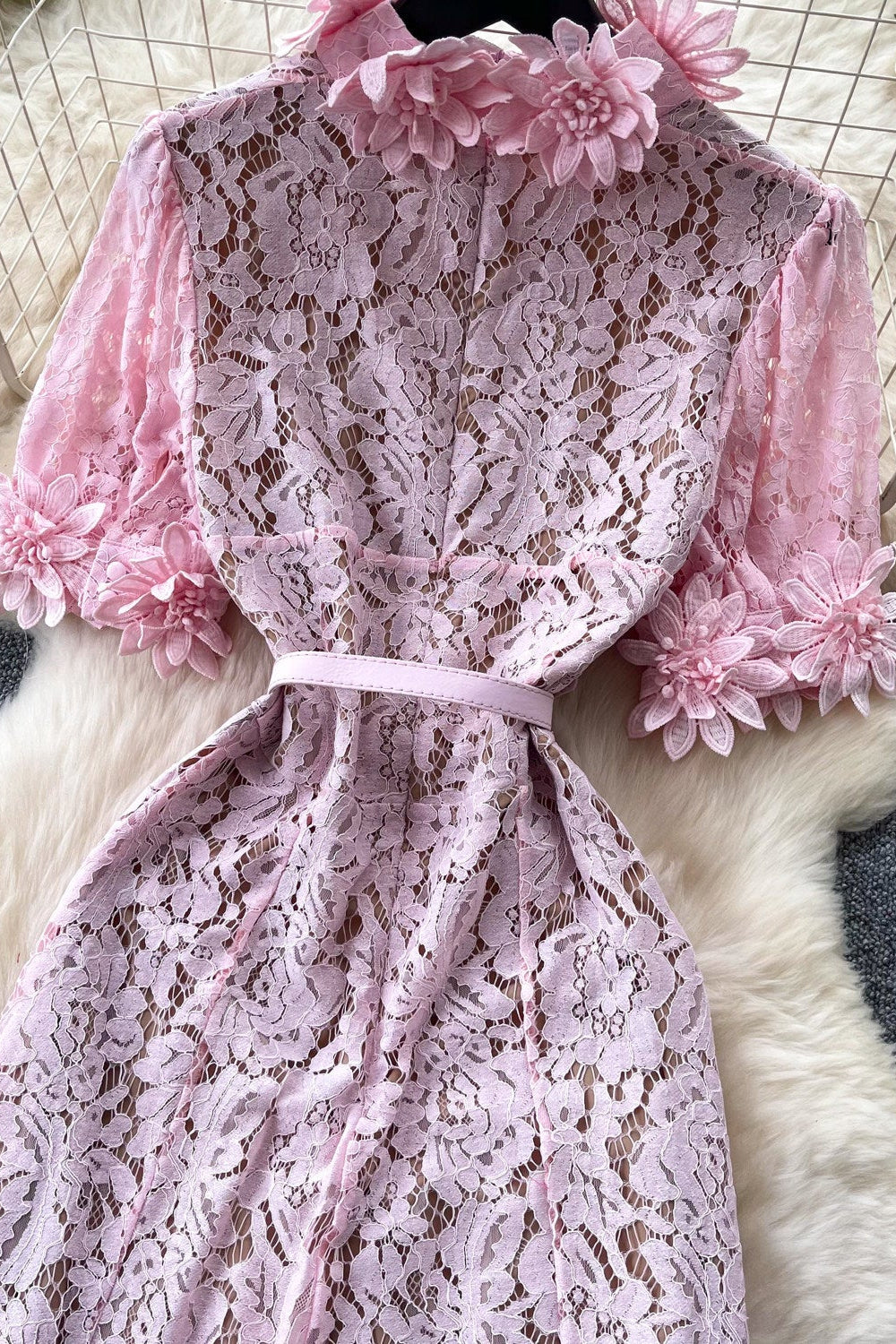 Pink Floral Lace A-Line Midi Dress