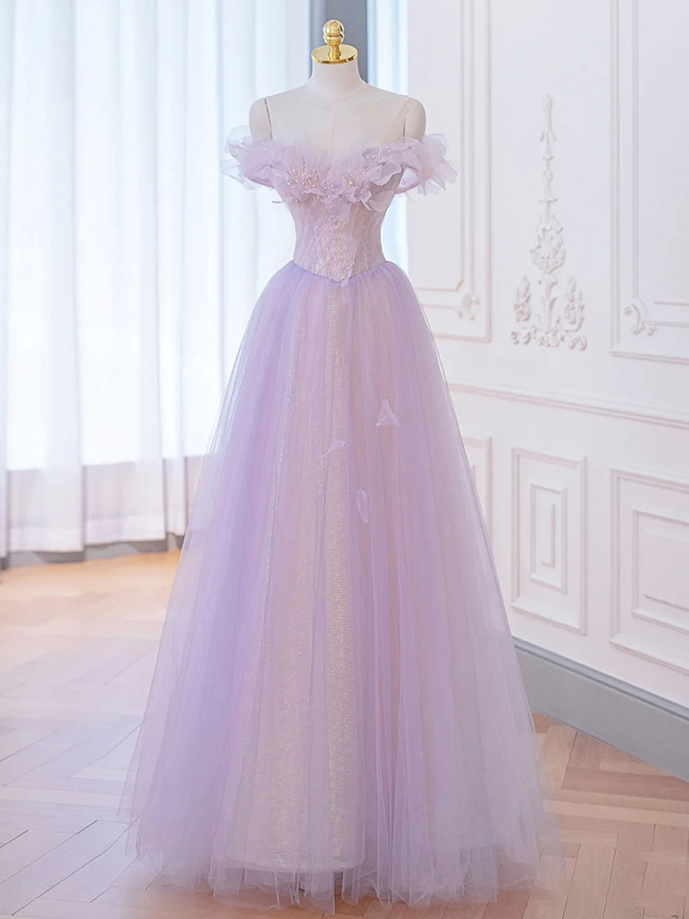 A-Line Purple Off Shoulder maxi Prom Dress