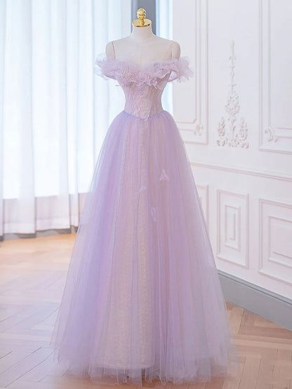 A-Line Purple Off Shoulder maxi Prom Dress