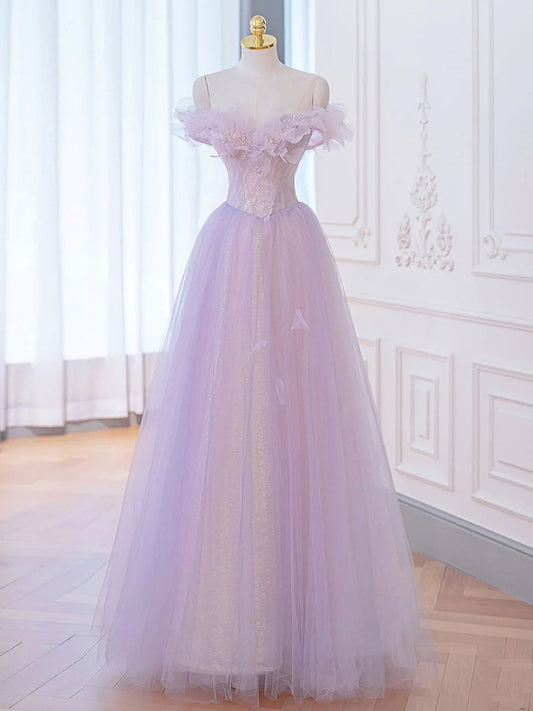 A-Line Purple Off Shoulder maxi Prom Dress