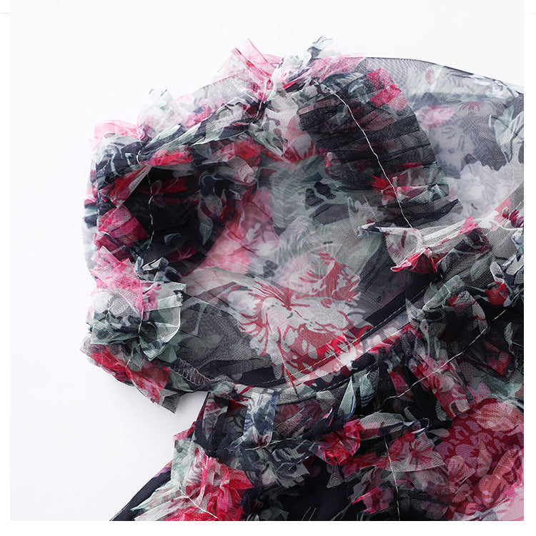 Navy Blue Floral Sheer Organza A-Line Midi Dress with 3D Ruffled Detail