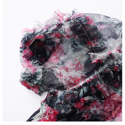 Navy Blue Floral Sheer Organza A-Line Midi Dress with 3D Ruffled Detail