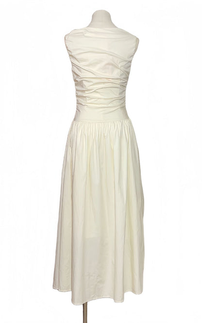 jenny ruched a-line sleeveless midi dress in apricot