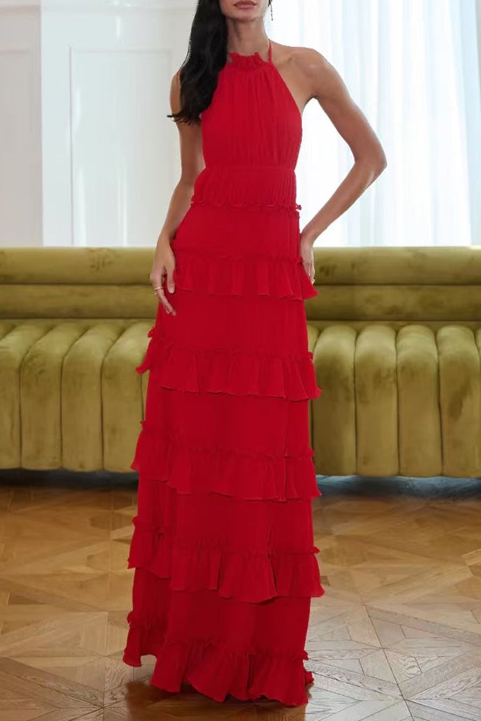lorraine  ruffle trim layer halter maxi dress - red
