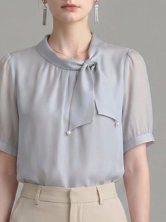 Pearl Decor Tie Neck Puff Short Sleeve Satin Blouse