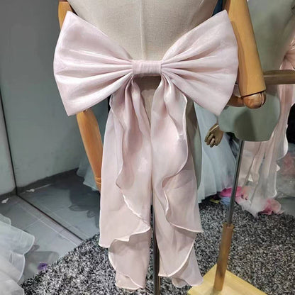 Shimmer Organza Giant Bow Ruffle Streamer Back Sash