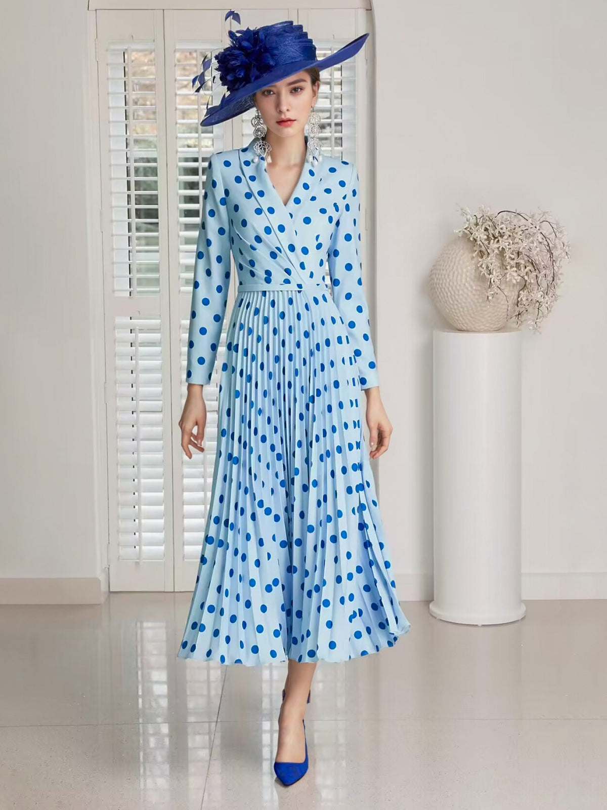 blue polka dot v-neck long sleeve pleated dress