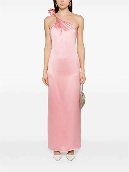 yvonne one-shoulder 3d flower satin maxi dress in pink
