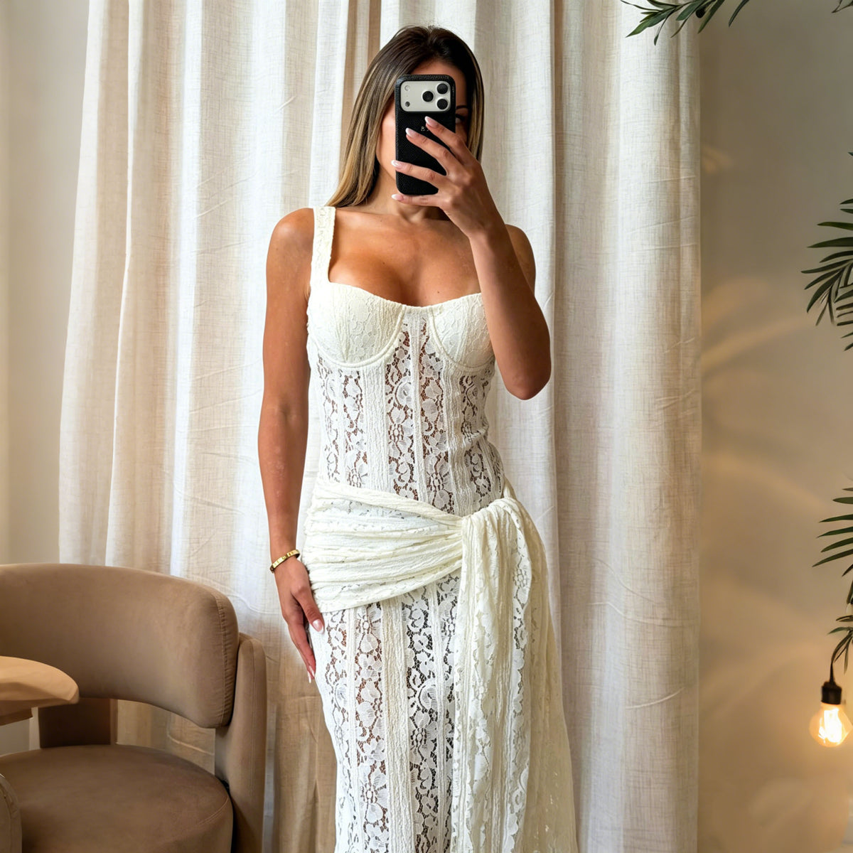 Corset Lace Maxi Dress with Draped Sash